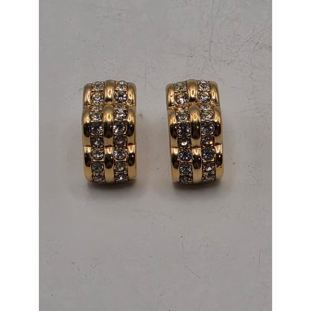 Swarovski Vintage Gold Tone Crystal Pavé Triple Row Scalloped Half Hoop Earrings